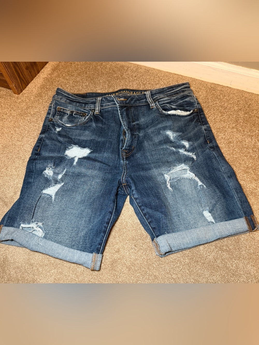 American Eagle Outfitters Men’s Dark Blue Distressed Rolled-Hem Jean Shorts